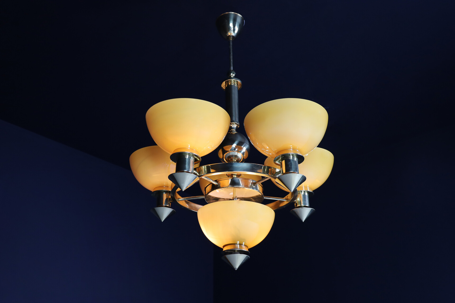 Modern Bras and Amber/ Gold opaline glass Chandeliers, Italy 1970s Late-20th century