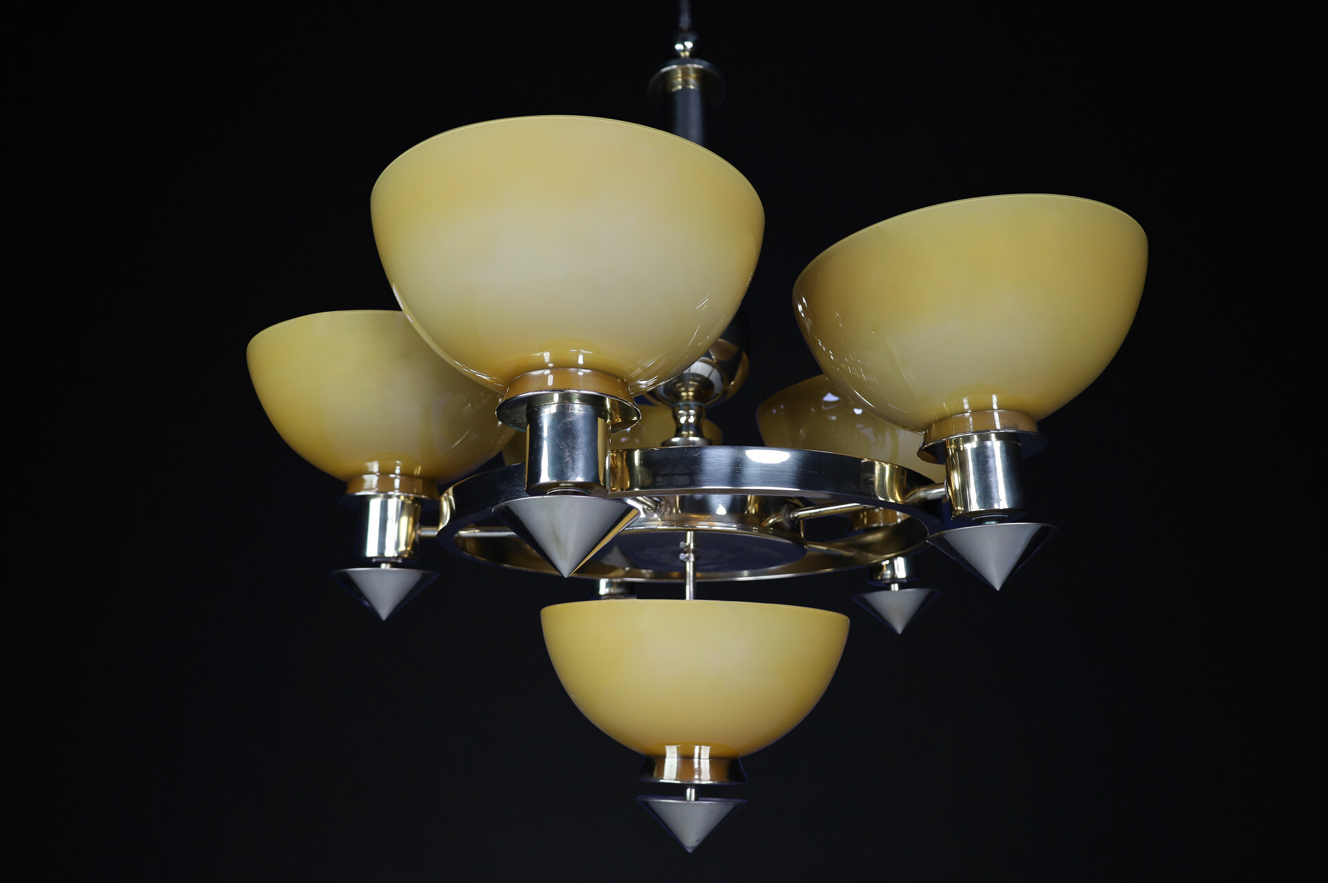 Modern Bras and Amber/ Gold opaline glass Chandeliers, Italy 1970s Late-20th century