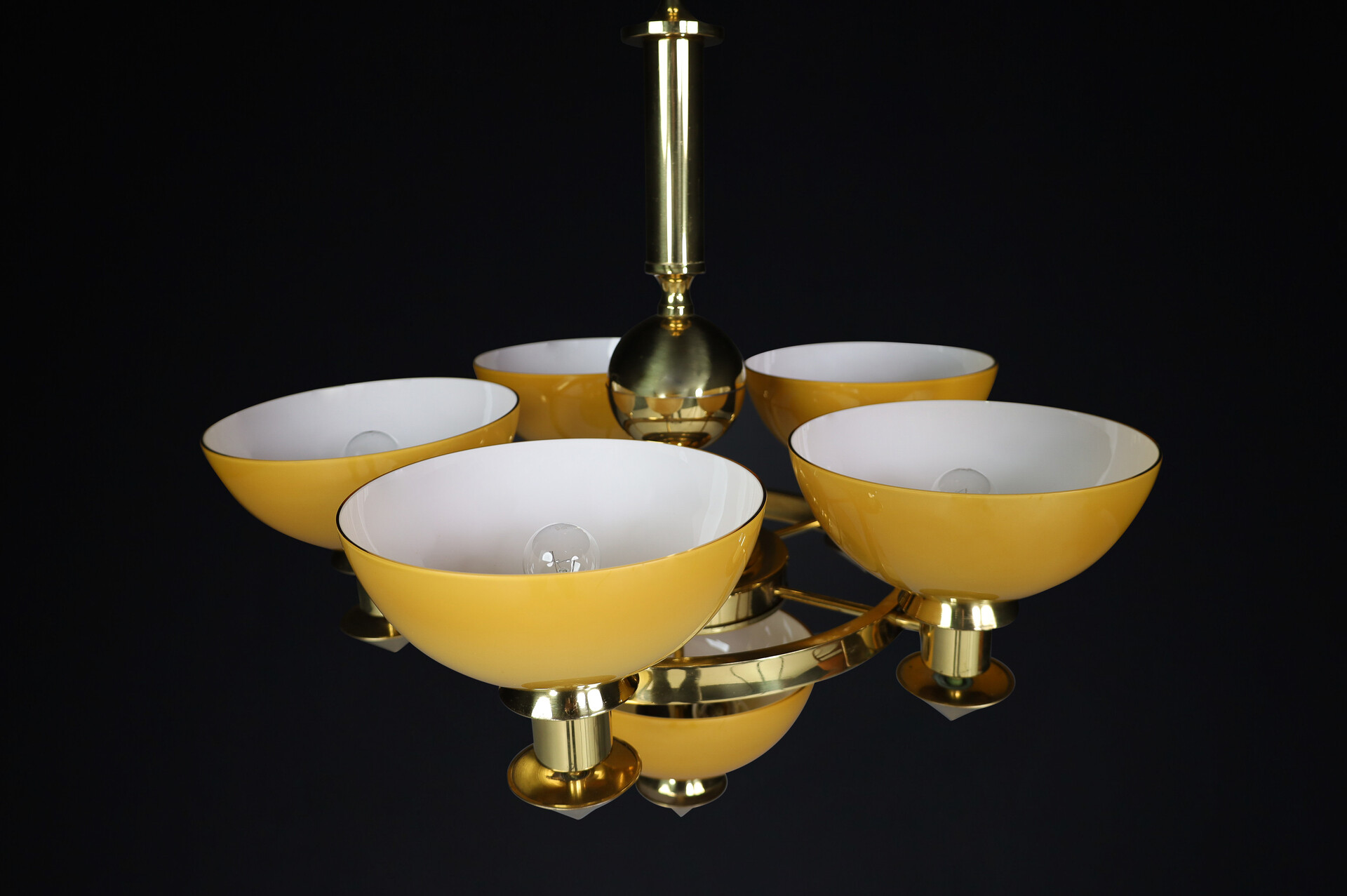 Modern Bras and Amber/ Gold opaline glass Chandeliers, Italy 1970s Late-20th century