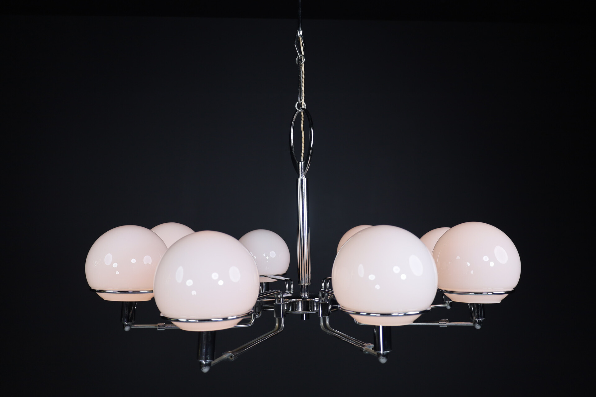 Modern Large steel and opaline Grande Chandelier , Italy 1970s Late-20th century