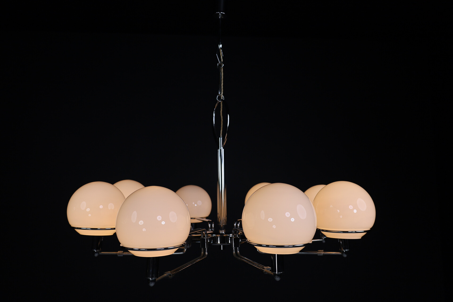 Modern Large steel and opaline Grande Chandelier , Italy 1970s Late-20th century