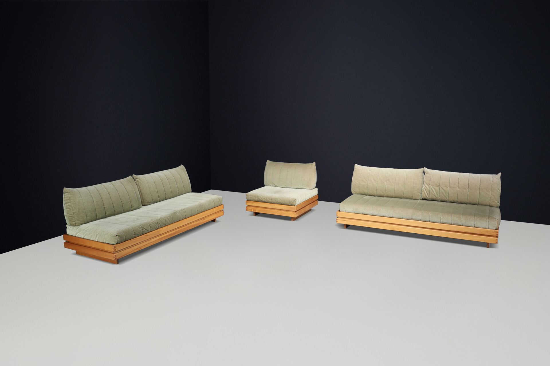 Modern Maison Regain elm and green upholstery Living Room Set, France 1970s Late-20th century