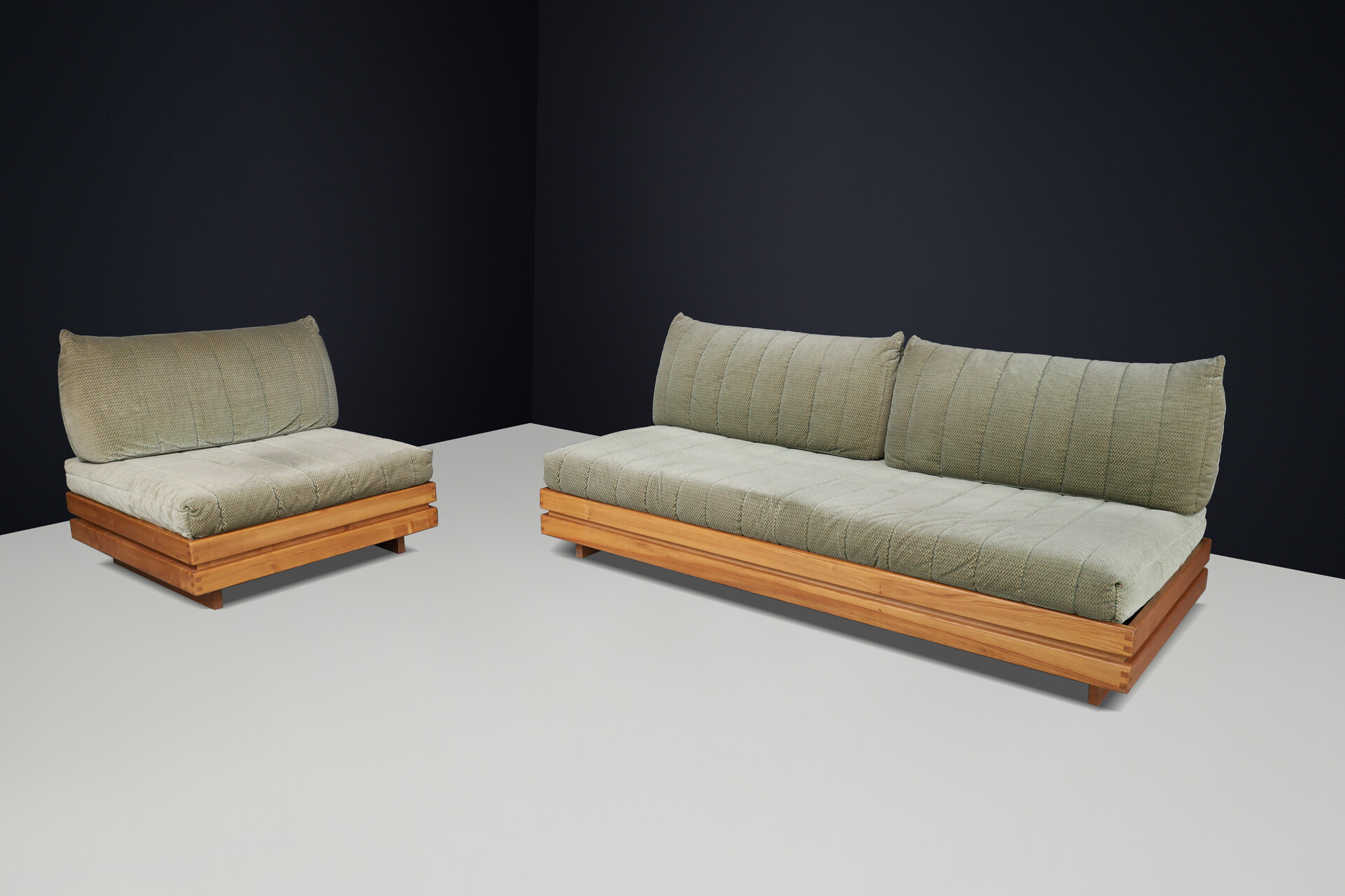 Modern Maison Regain elm and green upholstery Living Room Set, France 1970s Late-20th century