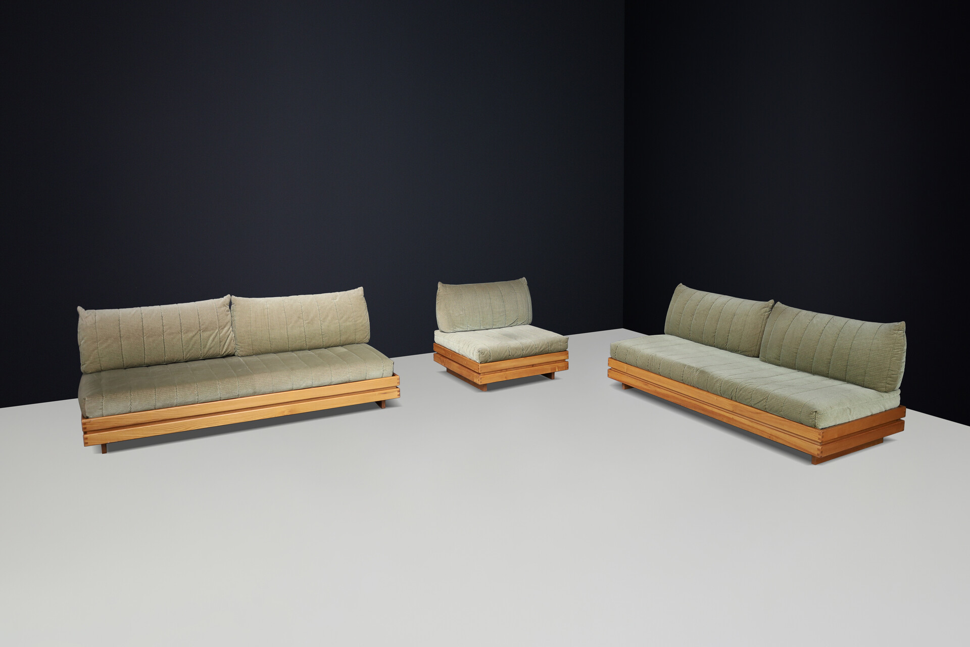 Modern Maison Regain elm and green upholstery Living Room Set, France 1970s Late-20th century