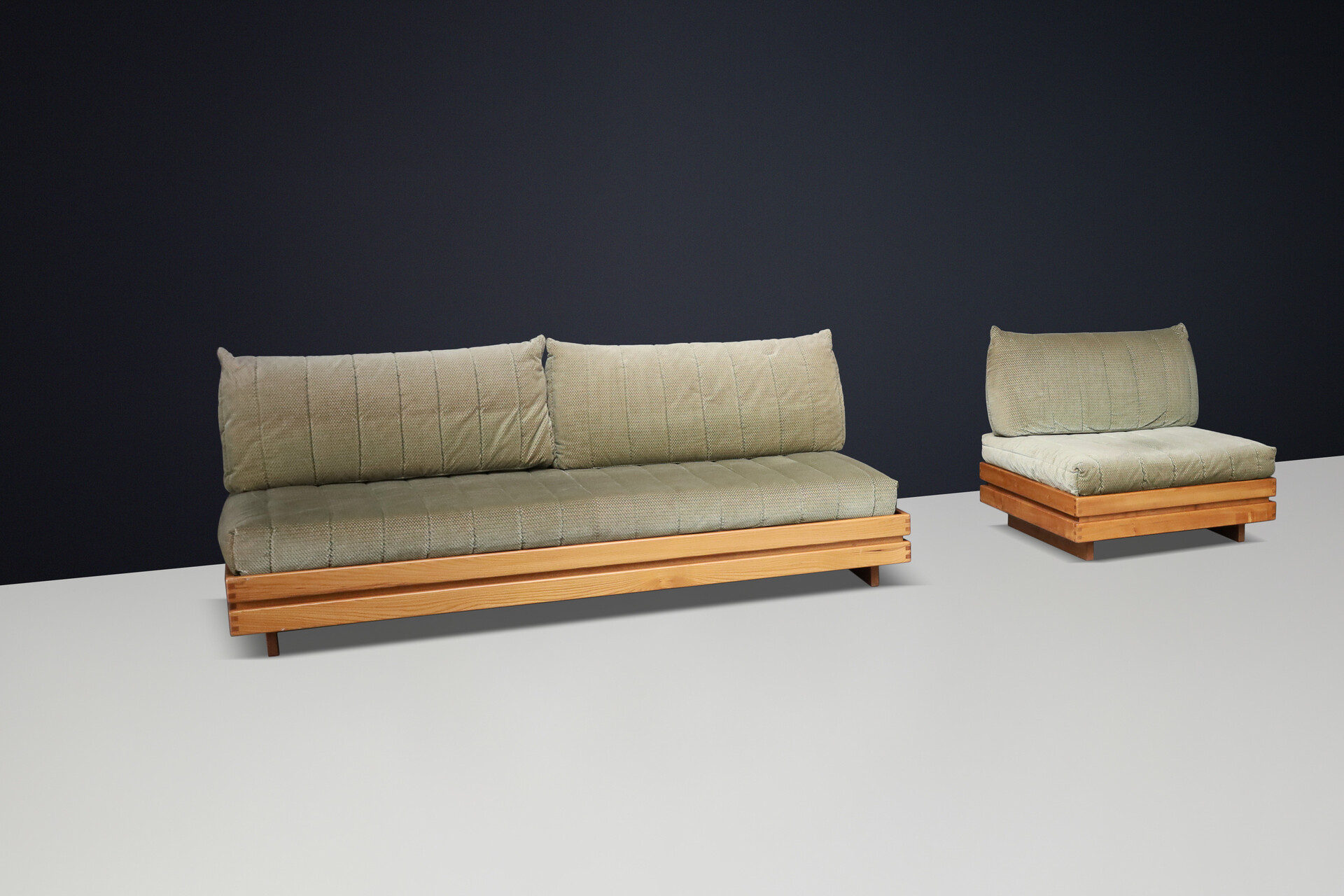 Modern Maison Regain elm and green upholstery Living Room Set, France 1970s Late-20th century