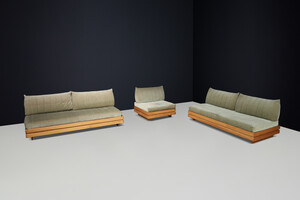 Modern Maison Regain Elm living room set upholstered in original olive green fabric, France 1970s Late-20th century