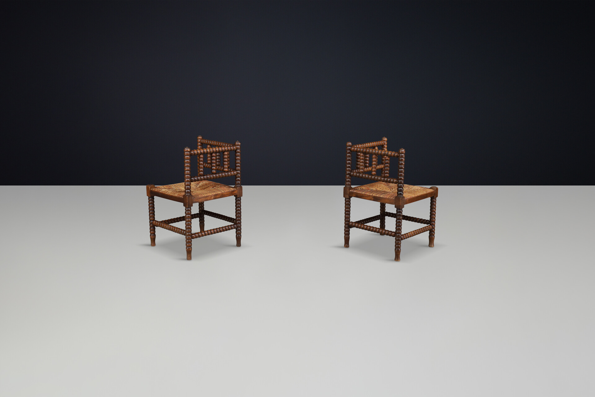 Oak ank wicker bobbin chairs,France 1950s Mid-20th century