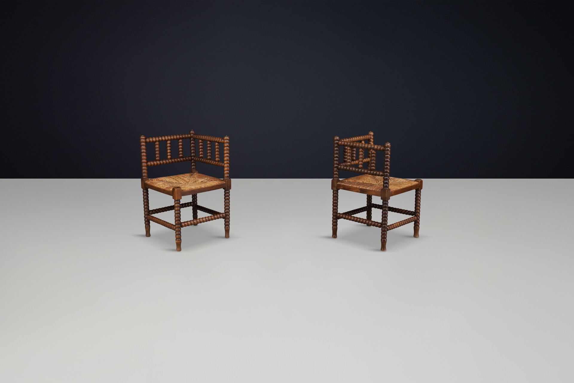 Oak ank wicker bobbin chairs,France 1950s Mid-20th century