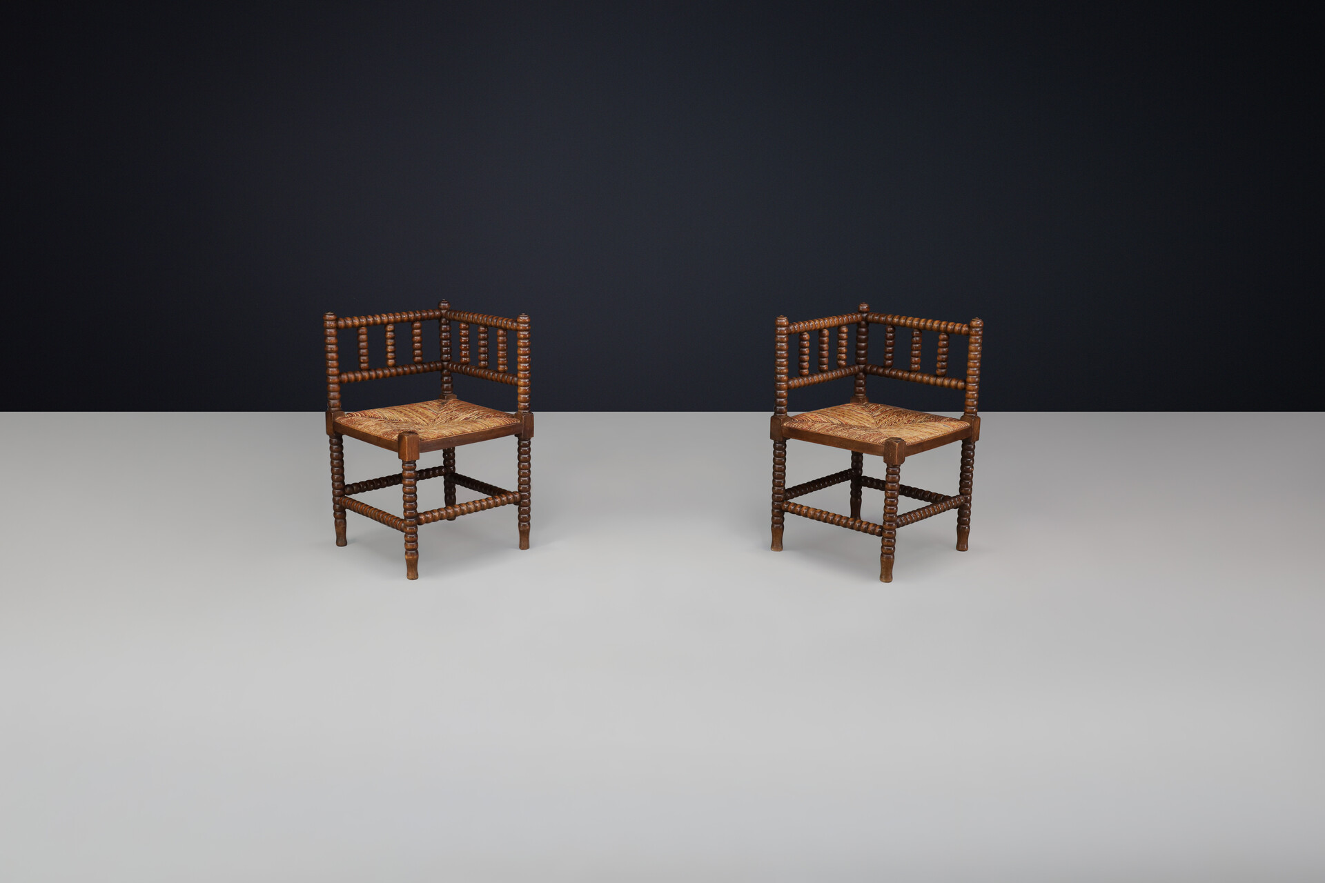 Oak ank wicker bobbin chairs,France 1950s Mid-20th century