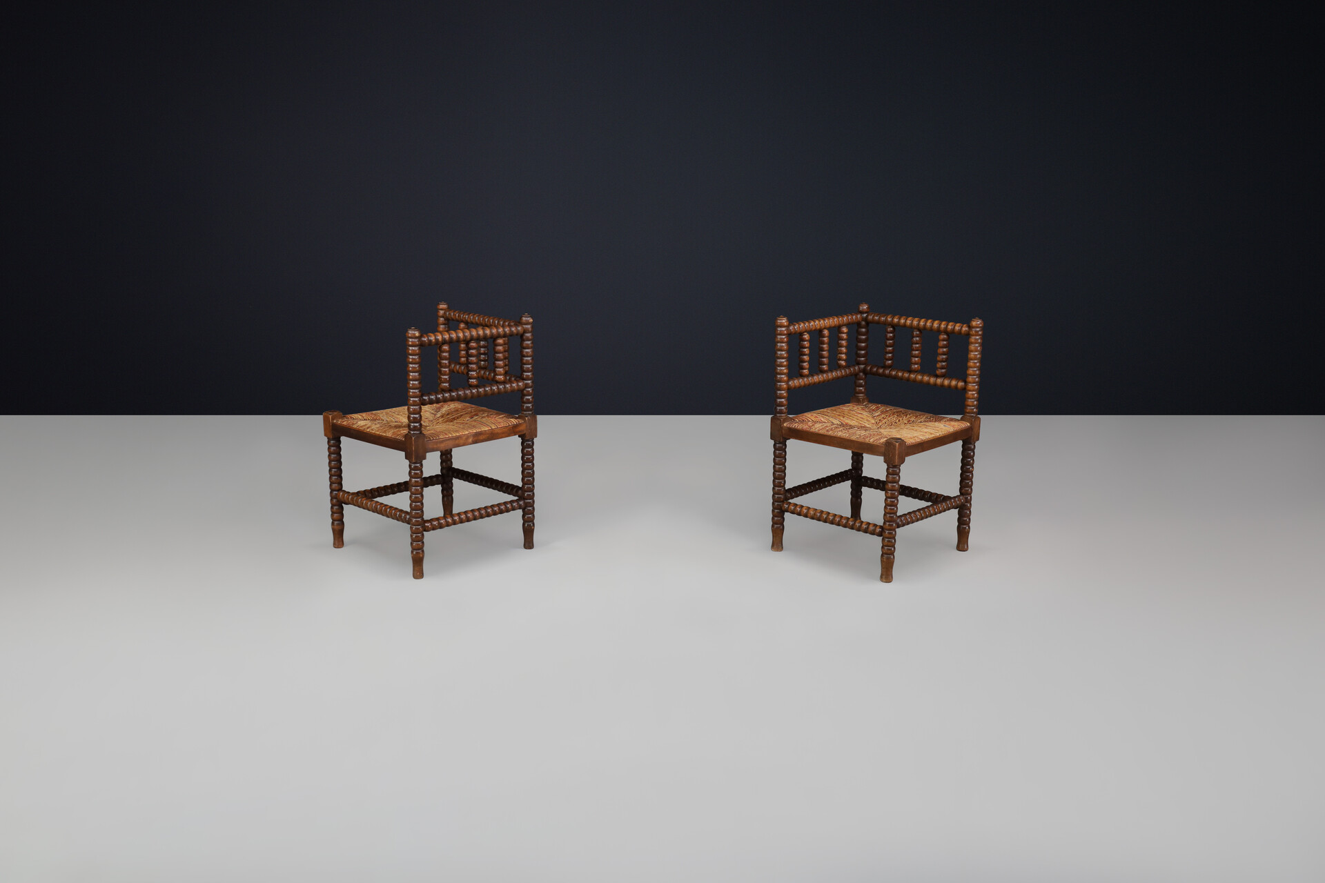 Oak ank wicker bobbin chairs,France 1950s Mid-20th century