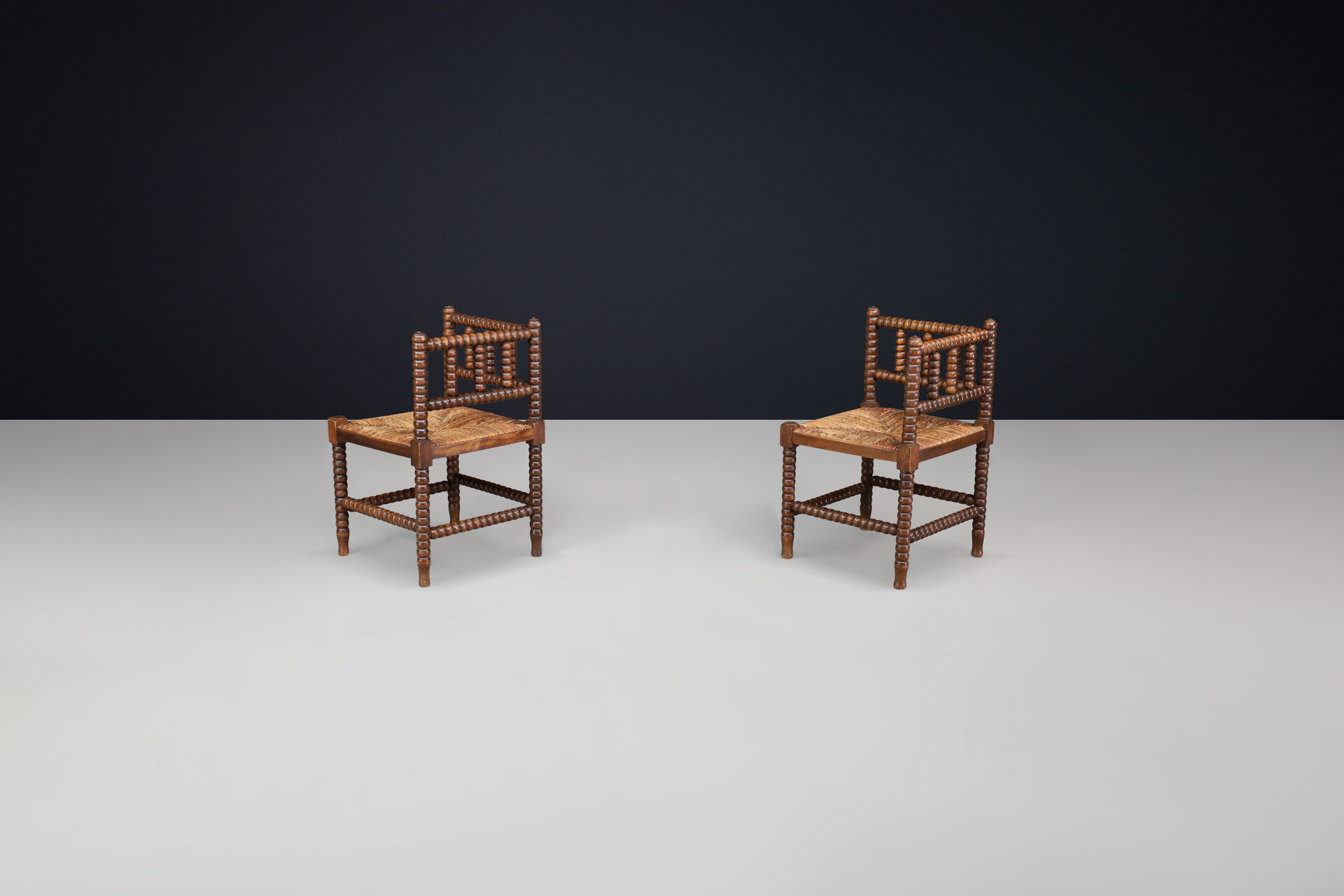 Oak ank wicker bobbin chairs,France 1950s Mid-20th century