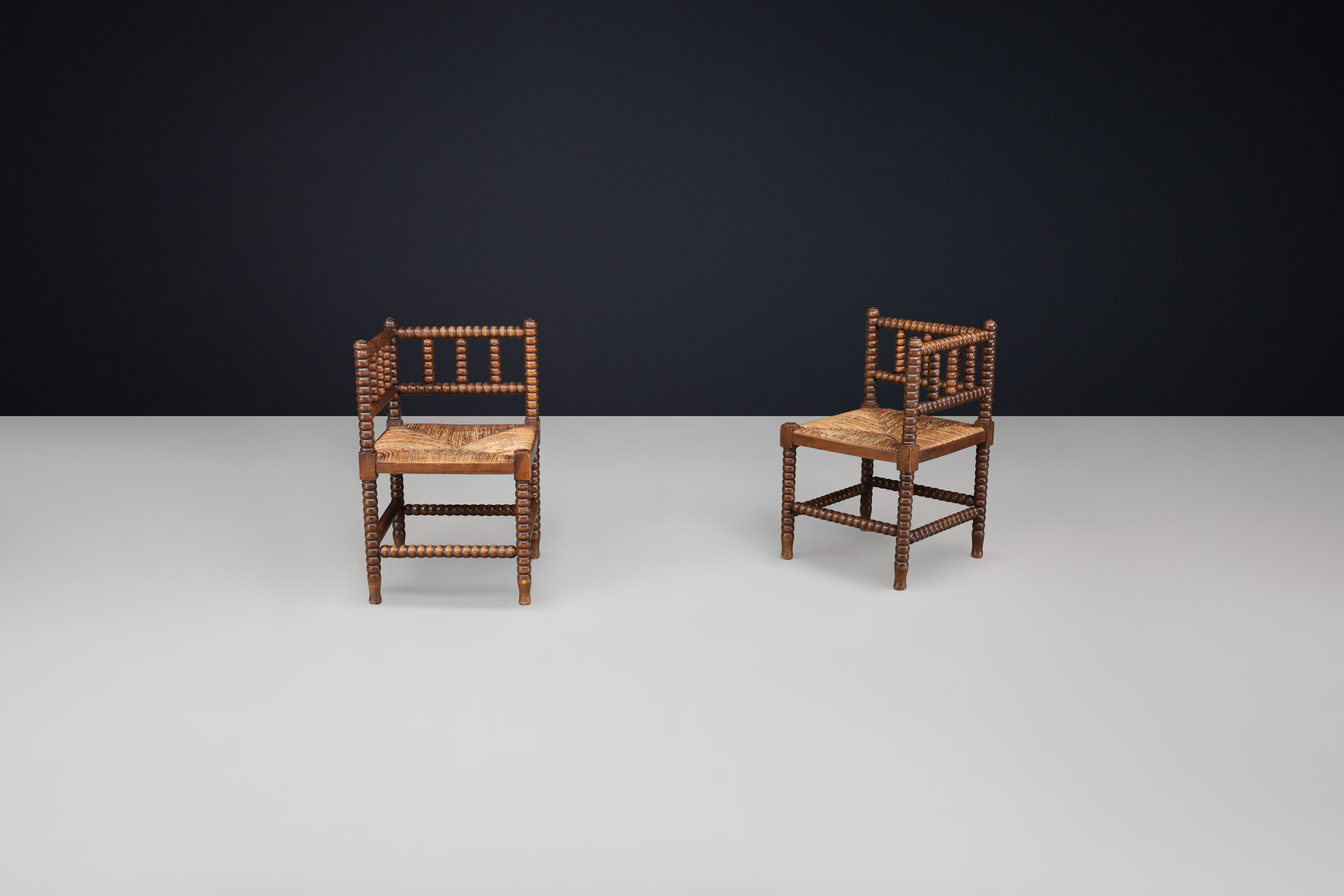 Oak ank wicker bobbin chairs,France 1950s Mid-20th century