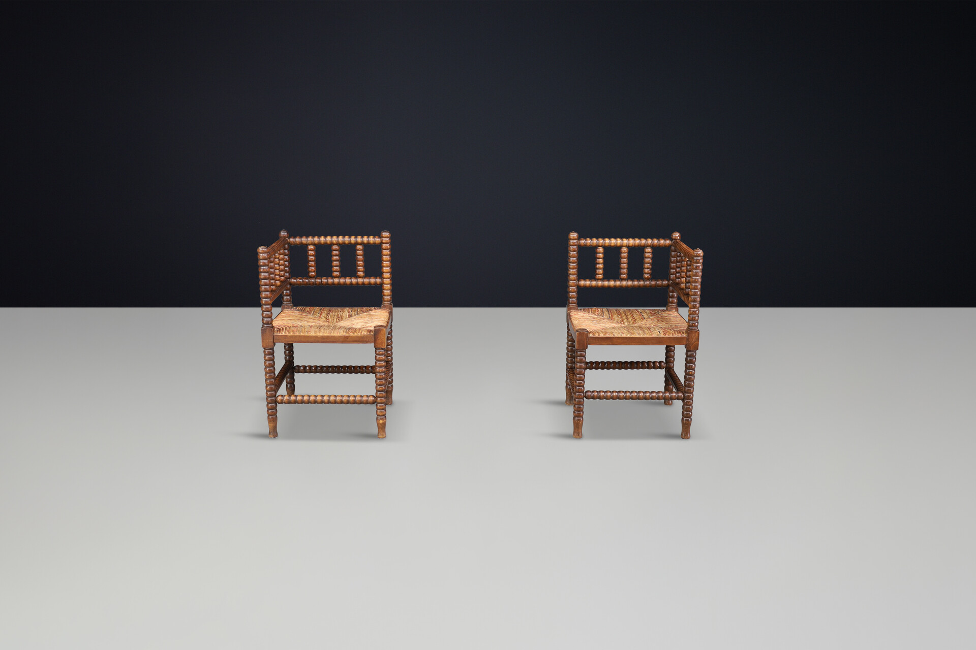 Oak ank wicker bobbin chairs,France 1950s Mid-20th century