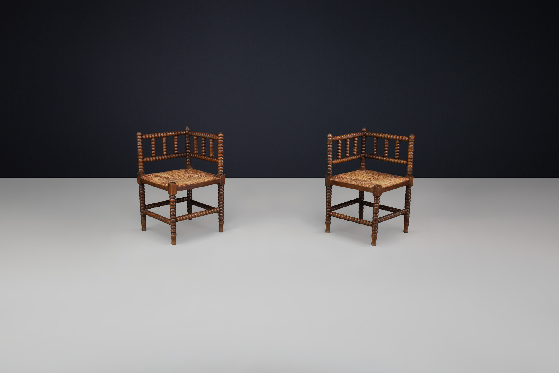 Oak ank wicker bobbin chairs,France 1950s Mid-20th century