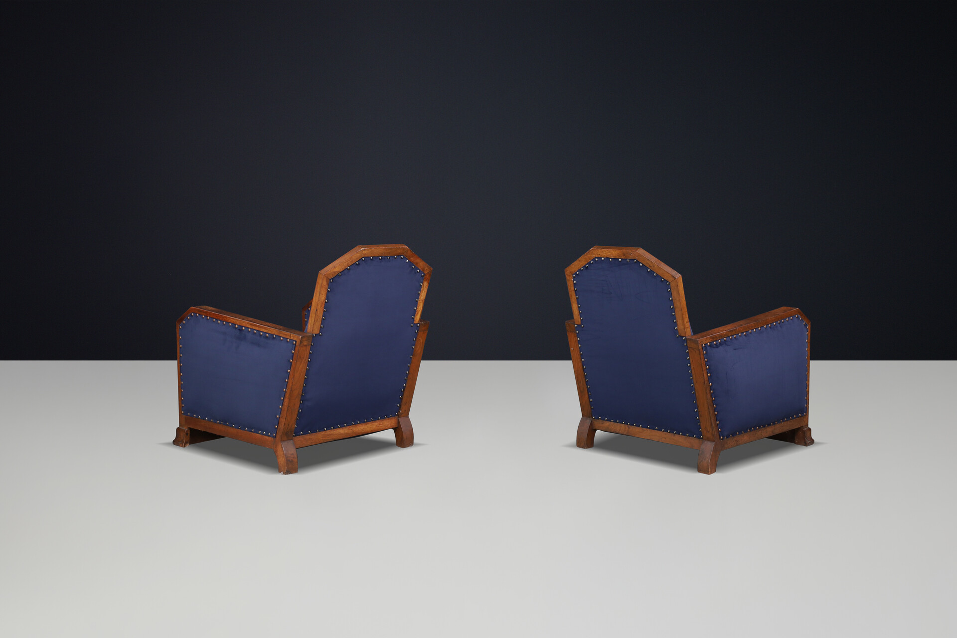 Pair of two Handcrafted Art Deco Oak And Velvet Armchairs, France 1930s Mid-20th century