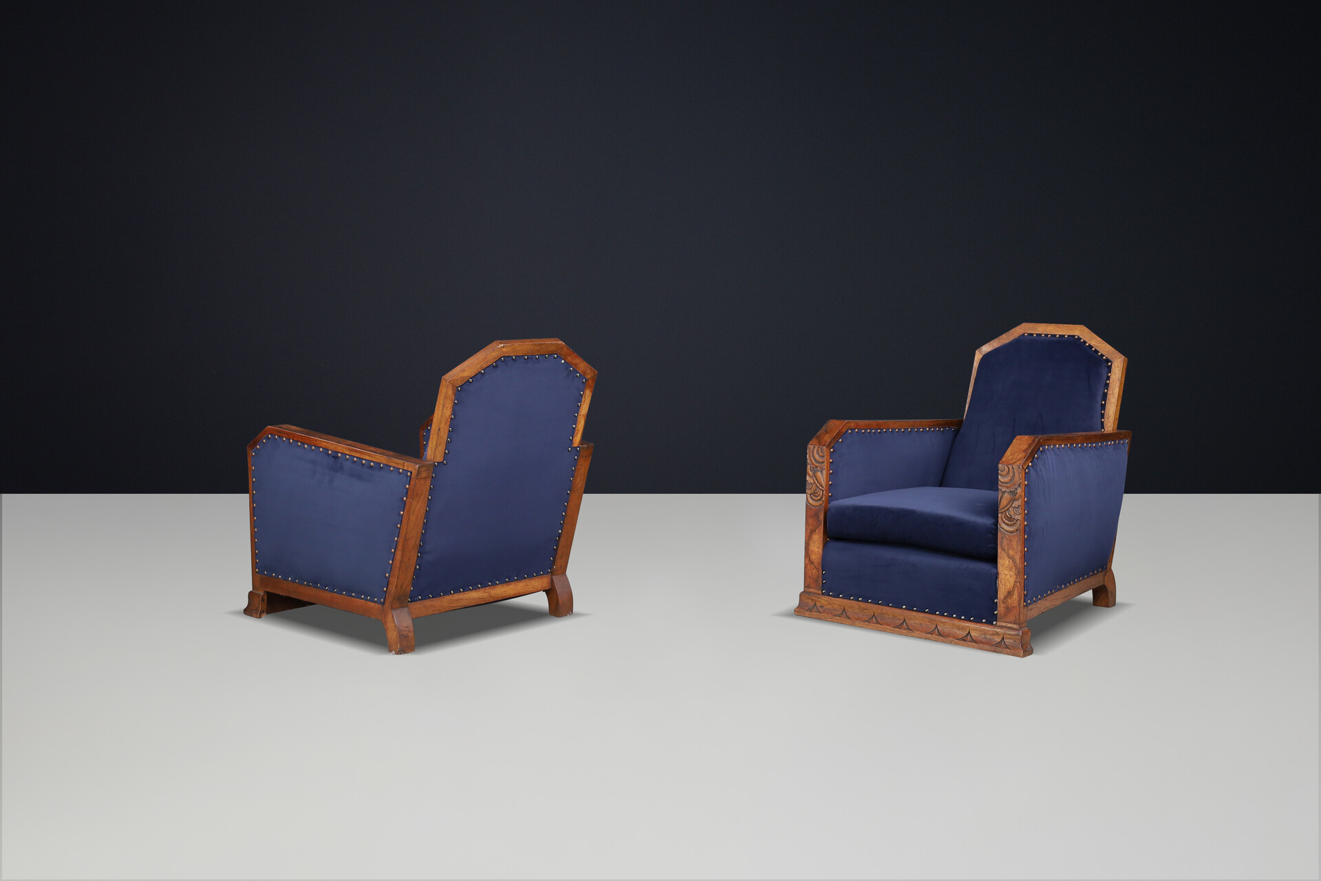 Pair of two Handcrafted Art Deco Oak And Velvet Armchairs, France 1930s Mid-20th century