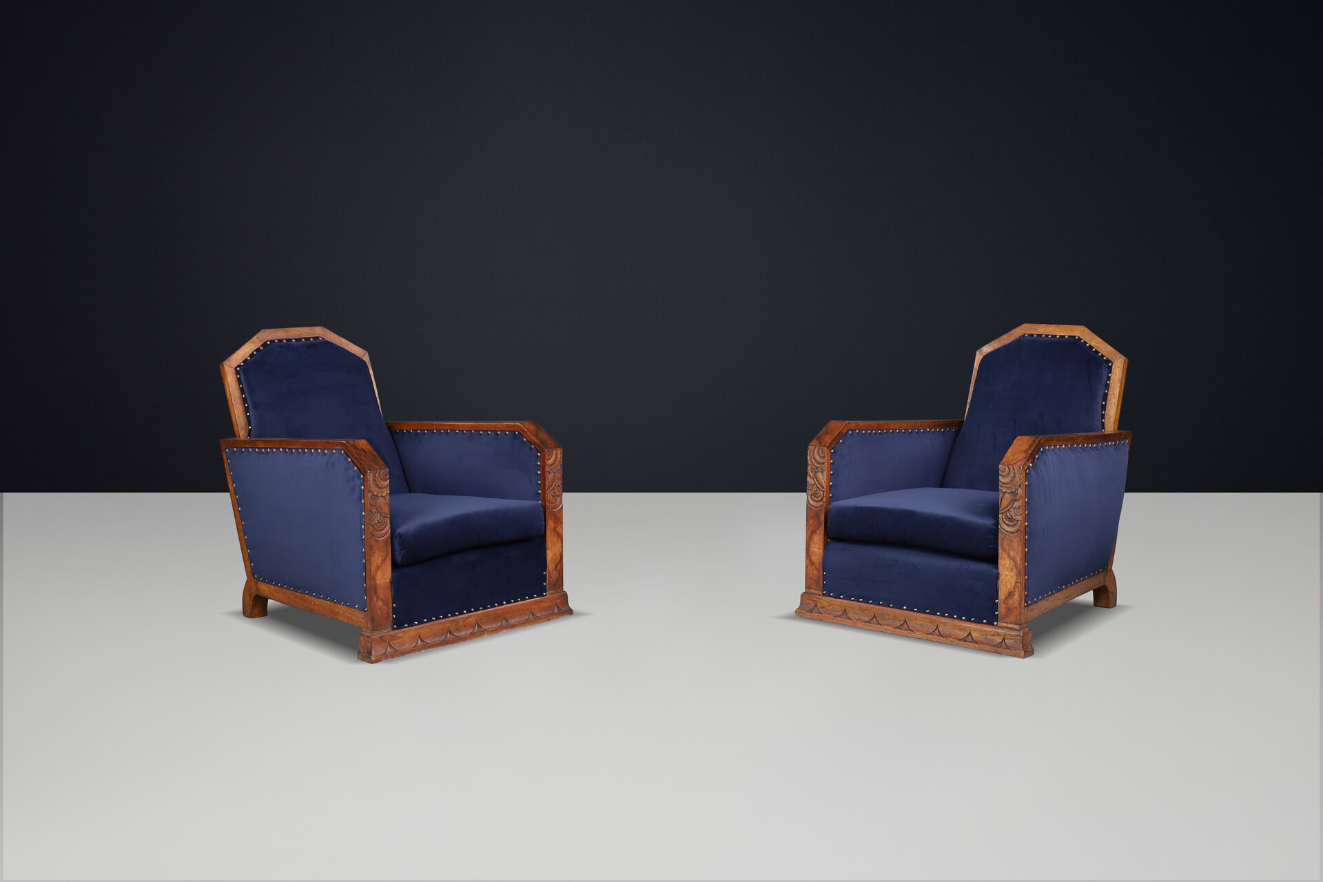 Pair of two Handcrafted Art Deco Oak And Velvet Armchairs, France 1930s Mid-20th century