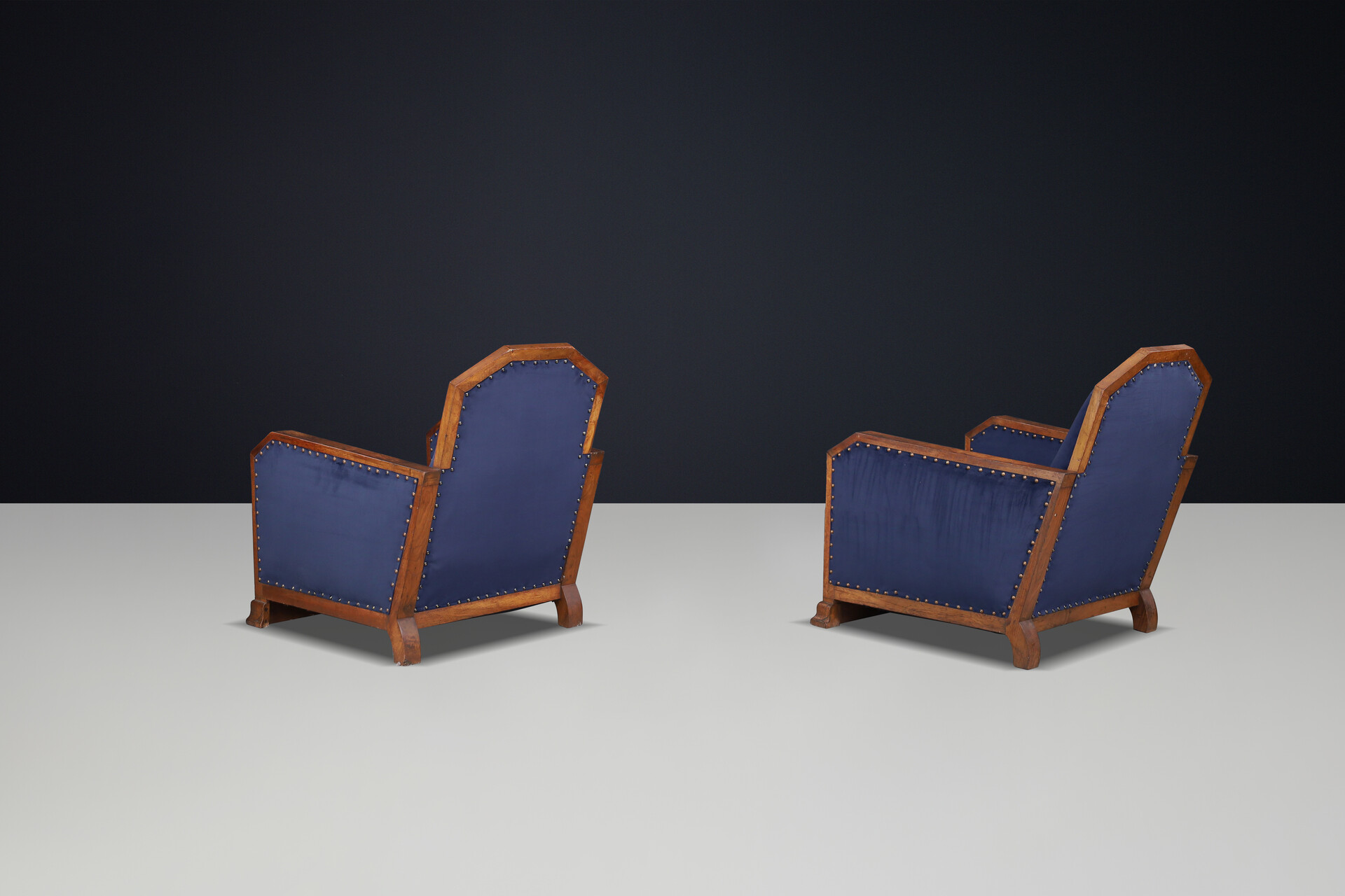 Pair of two Handcrafted Art Deco Oak And Velvet Armchairs, France 1930s Mid-20th century