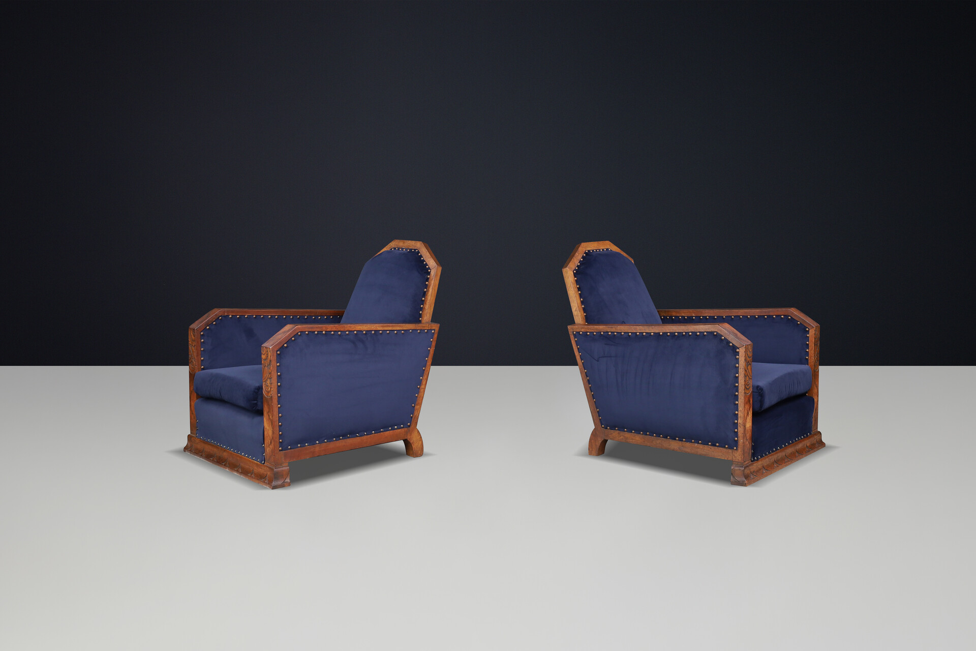 Pair of two Handcrafted Art Deco Oak And Velvet Armchairs, France 1930s Mid-20th century