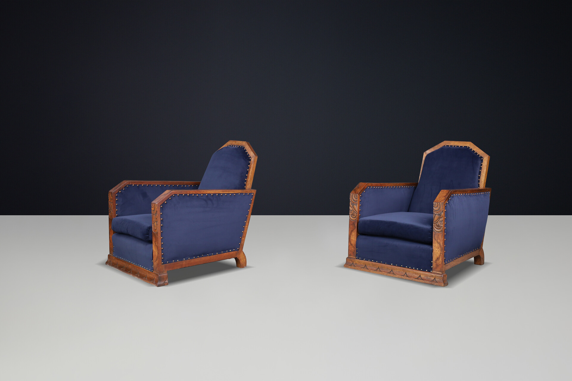 Pair of two Handcrafted Art Deco Oak And Velvet Armchairs, France 1930s Mid-20th century