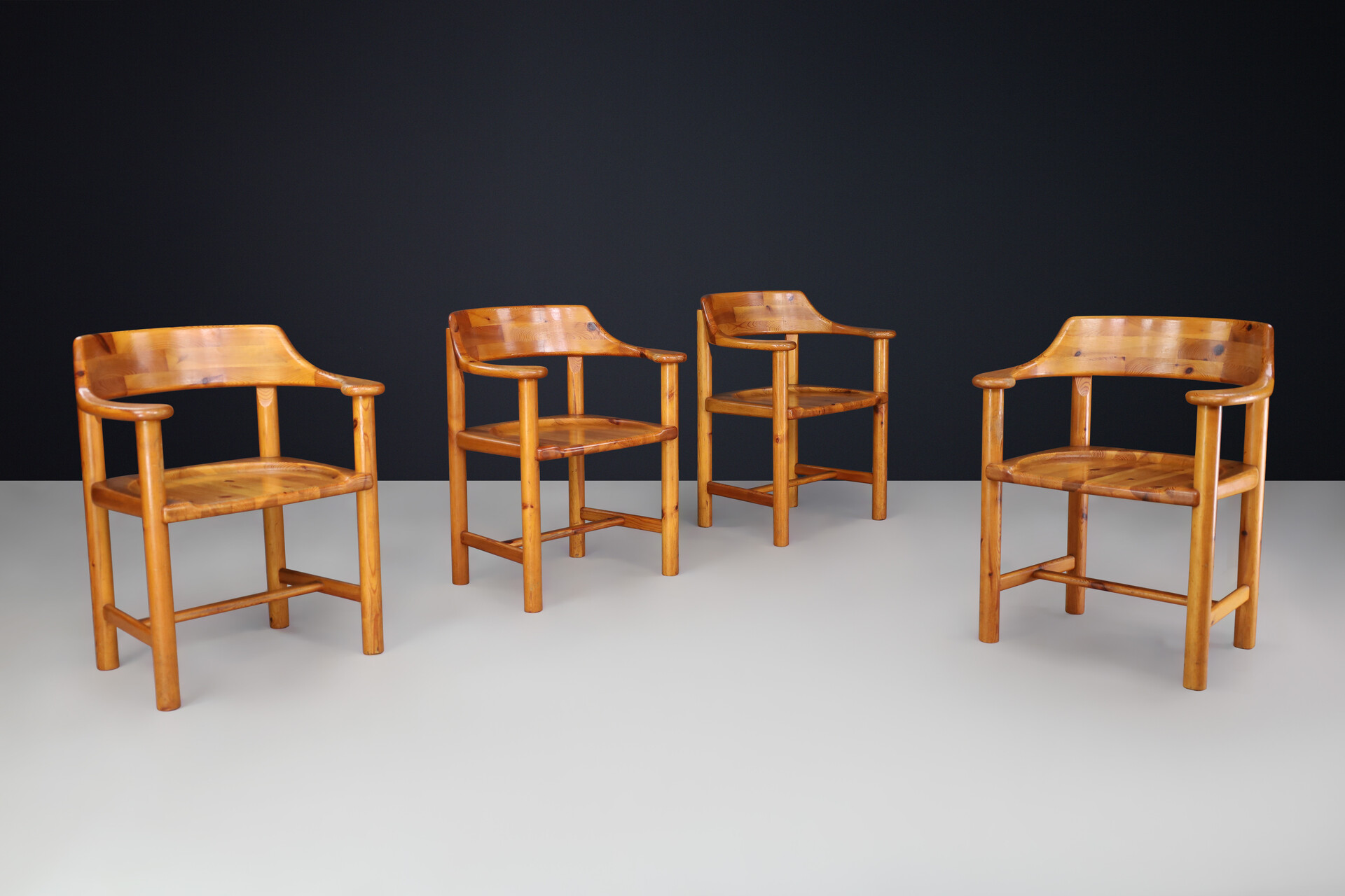 Scandinavian modern Rainer Daumiller for Hirtshals Savvaerk, set of four armchairs, pine, Denmark, 1970s. Late-20th century